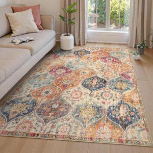 Lahome Moroccan Trellis Washable Area Rugs 5x7, 5x7 Area Rugs for Living Room Bedroom, Indoor Non-Slip Large Oriental Throw Carpet for Kitchen Entryway Bathroom Office Elise, Cream/Multi