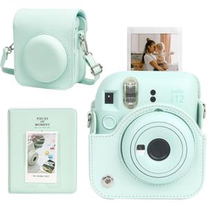 CAIYOULE Camera Case for Fujifilm Instax Mini 12 Instant Film Camera, Retro Leather Protective Camera Crossbody Bag for Fuji Mini 12 with Photo Album, Adjustable Shoulder Strap, Mint Gree-No Camera