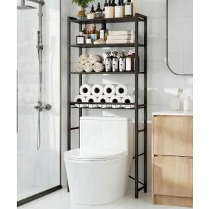 4-Tier Over-the-Toilet Storage Rack with One-Piece Wooden Shelves & Open Net Basket, Bathroom Organizer with Adjustable Feet & Anti-Tip Kit, Space-Saving Toilet Shelf, Black, 24.4" x 9.4" x 69.3"