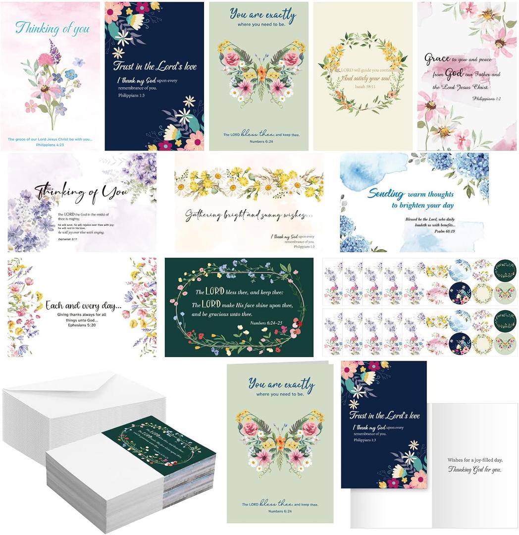 50 Pcs Religious Thinking of You Cards Bulk with Biblical Scripture Verses Blessing 10 Designs 4 x 6 Inch Christian Inspirational Thinking of You Greeting Card with Envelopes(Elegant Flower)