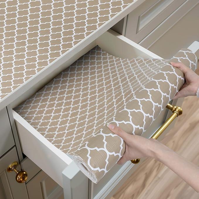 Shelf and Drawer Liner for Kitchen Cabinets Non-Adhesive, Strong Grip Non-Slip Thickened Cabinet Liners for Shelves, Waterproof Mats for Dresser Cupboard, Beige, 12 in x 10 Feet