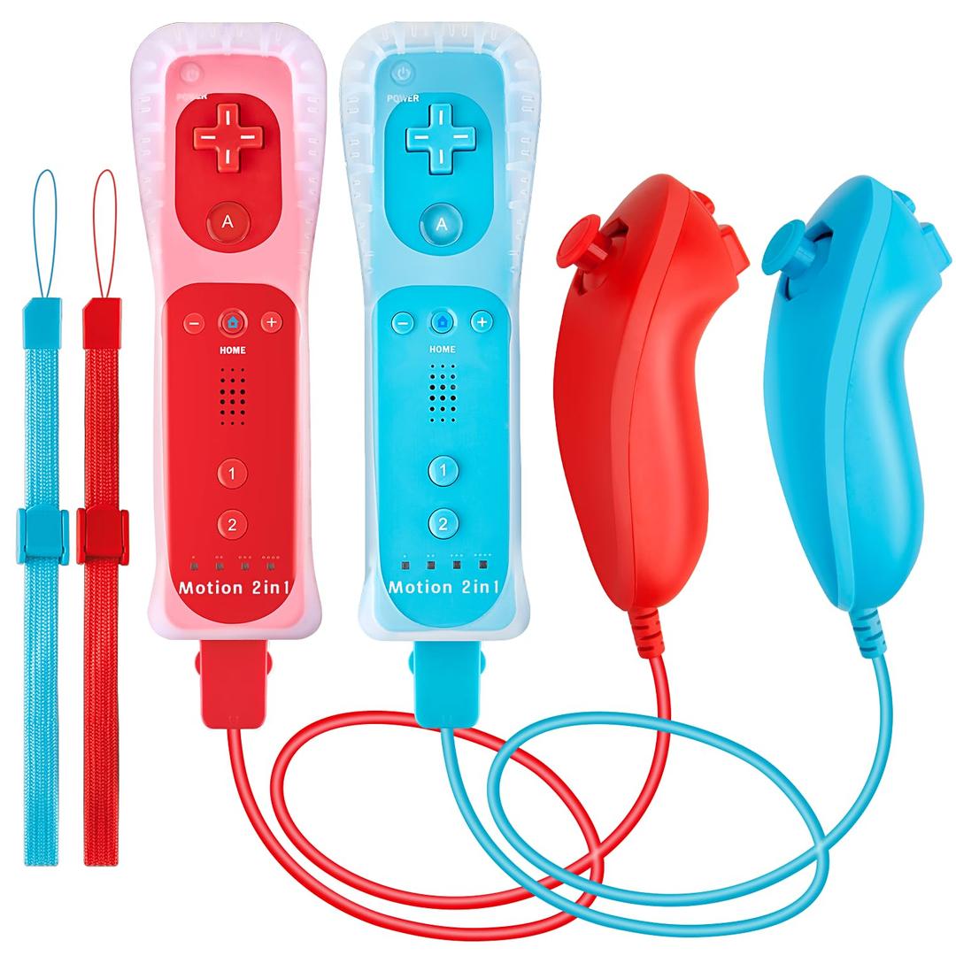 DTianSir 2 Pack Wii Remote with Nunchuk Controller, Wireless Controller with Built in Motion Plus for Wii & Wii U Console(Red & Light Blue) [Video Game]