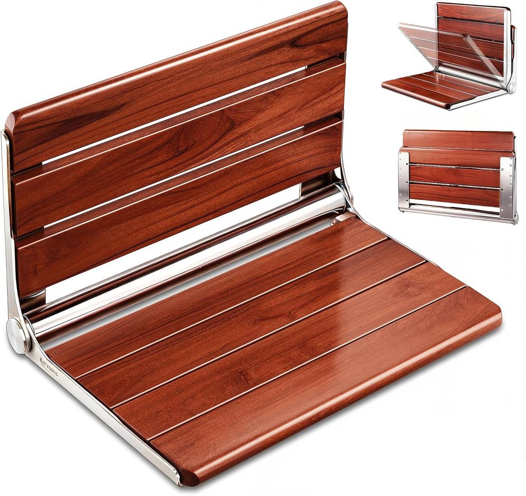 [Upgraded Version] 18" ADA Compliant Folding Teak Shower Seat Wall Mounted-Folding Shower Bench, Folding Shower Seat for Inside Shower, Teak Foldable Shower Chair, Fold Down Shower Seat, Max 400lbs