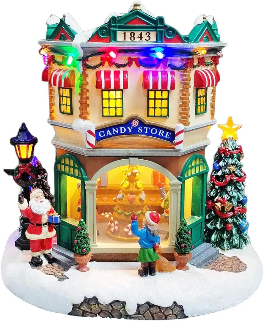 MOMENTS IN TIME LED Musical Candy Store 10.3 Light Up Christmas Village Scene Plays 8 Classic Songs Battery Operated Handcrafted Polyresin Holiday Dcor Gift