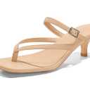 Coutgo Womens Strappy Kitten Heels Flip Flops Square Open Toe Low Heels Fashion Party Dress Thong Heeled Sandals,Khaki,size 6