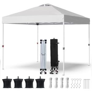 Shades 10x10 Pop Up Canopy with One Push Setup, Heavy Duty Beach Tent with Wheels for Easy Moving, Sun Shelter for Parties, Events, Outdoor Gazebo with 420D Coated Waterproof White Fabric