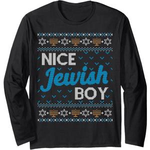 LONG SLEEVE SHIRT Ugly Hanukkah Nice Jewish Boy Matching L