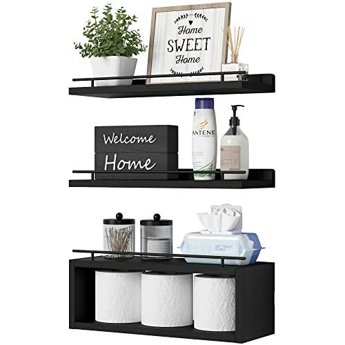 WOPITUES Floating Shelves for Wall with Cube Shelf, Wall Shelves with Metal Rail for Bathroom Decor, Bathroom Organizers and Storage, Over Toilet Shelves for Toilet Paper-Black