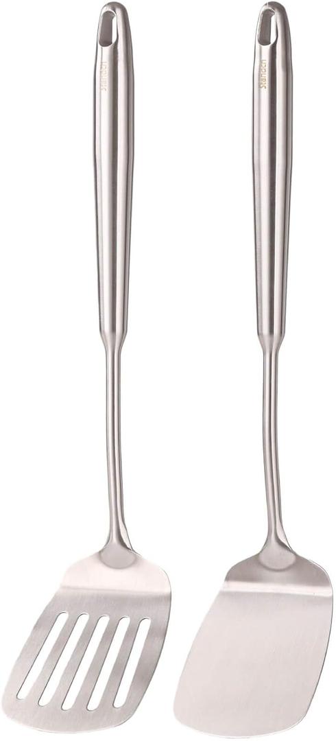18/10 Stainless Steel Spatulas Set - All Metal Spatulas for Kitchen Use or Outdoor Grilling, 14.7 Long, Non Toxic, Heavy Duty, Commercial, Chef Grade - 1 Slotted Spatula + 1 Solid Turner for Cooking