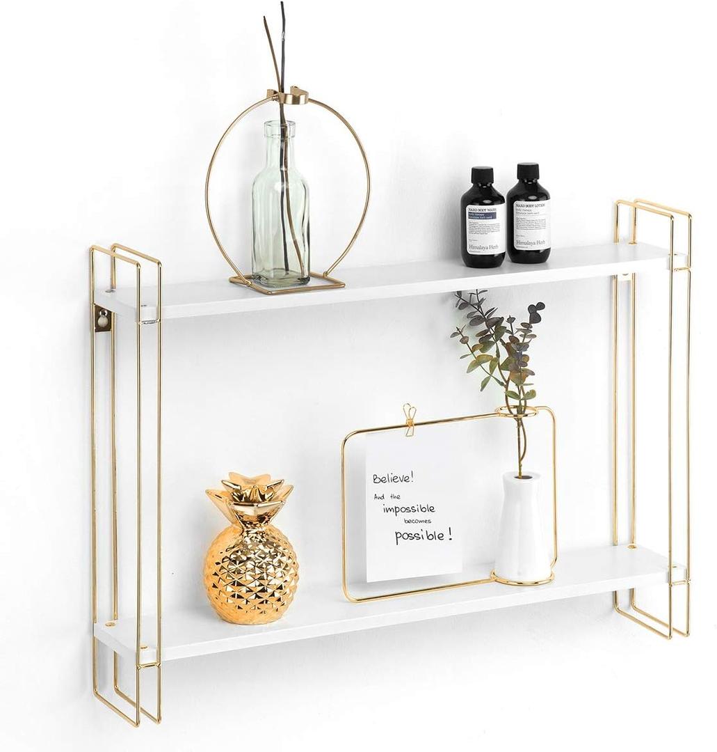 J JACKCUBE DESIGN White and Gold Floating Shelf, 2 Tier Wall Mount Shelves for Modern Wall Dcor, Display and Storage for Living Room Bedroom, Bathroom, Kitchen -MK534A