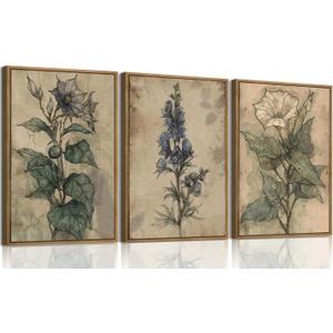 SongZest 3 Piece Vintage Botanical Framed Wall Art Dark Floral Canvas Art Prints Rustic Farmhouse Pictures Wall Decor Gothic Cottagecore Paintings Artwork for Living Room Bedroom Bathroom 12x16in