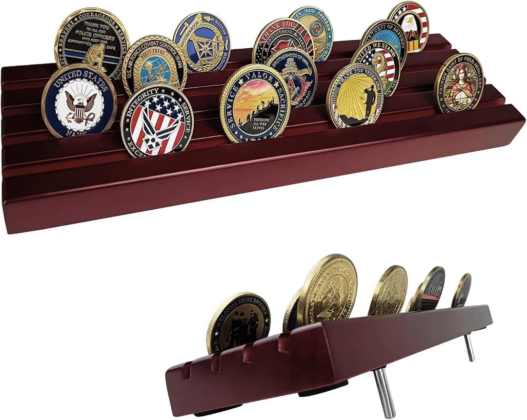 Military Challenge Coins Display Holder Solid Wood,Challenge Coin Stand Holds 30 Coins , 4 Row Military Coin Holder Rack for Desk,Challenge Coin Display Case for Collectors, Red (Large, Mahogany)