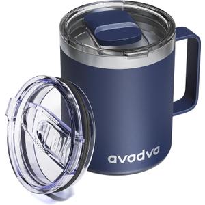 12oz Insulated Coffee Mug with Lid  Includes Two Lids, Stainless Steel Coffee Travel Mug with Handle, Double Wall Vacuum Insulated Camping Mug for Home, Office & Outdoor, Navy Blue