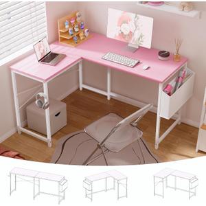 Pamray 47 Inch Reversible L Shaped Gaming Desk Corner Computer Desk with Storage Bag Home Office Table for Writing Study Pink