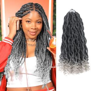 Grey Crochet Hair for Black Women 14 Inch Senegalese Twist Crochet Braids with Curly Ends 8 Packs Kinky Twist Braiding Hair Pre Looped 2 Strand Rope Twists (14 Inch,Tgrey)