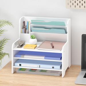 Wisuce Essentials Bamboo Desk Organizer Mail Holder Countertop Letter Tray File Organizer for Desk Letter Sorter Paper File Storage for School Home Office Supplies (Large, White)