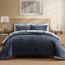 WRENSONGE Velvet King Size Quilt Set-3 Pieces Blue Grey Luxurious Velvet Striped Channel Comforter with 2 Shams, Soft Bedspread Coverlet Quilted Bedding Set for All Season