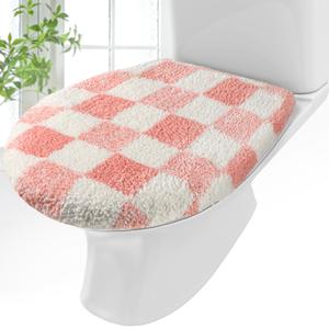 Pink White Checkered Bathroom Toilet Lid Cover Soft Microfiber Toilet Top Cover 17.5" x 15" Washable Aesthetic Bathroom Decor Fits Most Round, Elongated and Oblong Lids, Machine Washable