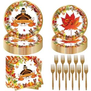 Fall Thanksgiving Party Supplies 96 Pcs Thanksgiving Paper Plates and Napkins Forks Pumpkin Turkey Autumn Disposable Tableware Set for Fall Harvest Party Decorations