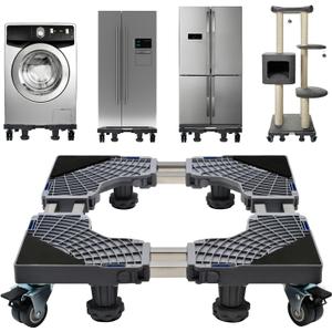 Updated Fridge Stand Mobile Base with Double Pipes 4 Locking Wheels 4 Strong Feet, Adjustable Furniture Dolly for Washer Dryer Washing Machine Stand Pedestal, Refrigerator (Grey, Extra Large)