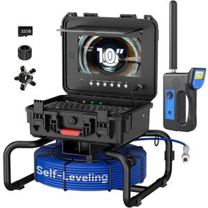 10 Inch IPS Sewer Inspection Camera with 512Hz Locator, 1080P AHD, 50M Cable, DVR, Auto Self-Leveling, 5X Zoom, TF Card, LED Lights for Pipe/Wall/Drain (100FT/512hz Locator)