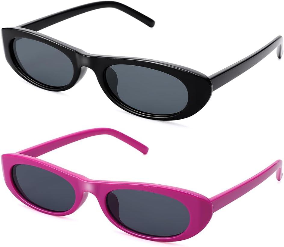 3 x SCVGVER Oval Sunglasses for Women Men, 90s Skinny Sun Glasses, Tiny Retro Shades, UV400 Protection (Black Frame - Gray Lens + Purple Frame - Gray Lens)