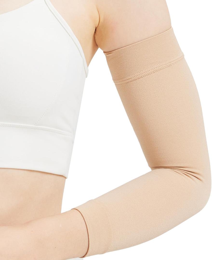 Compression Lymphedema Arm Sleeves for Women, 20-30 mmHg Full Arm Support for Swelling Recovery Circulation (Large, Beige)