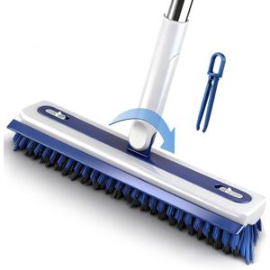 4-in-1 Floor Scrub Brush with Long Handle V-Shaped Crevice Brush Floor Scrubber Mop with Squeegee and Tweezer for Cleaning Gap Tile Bathroom Kitchen Patio Deck Garage