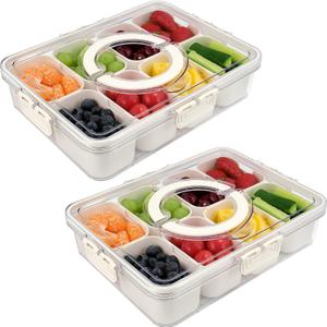 Snackle Box Container, 2 Packs 8 Compartments Divided Serving Tray with Lid and Handle, Portable Snack Box Containers for Veggie Tray Charcuterie Boxes Fruit Storage Candy Organizer