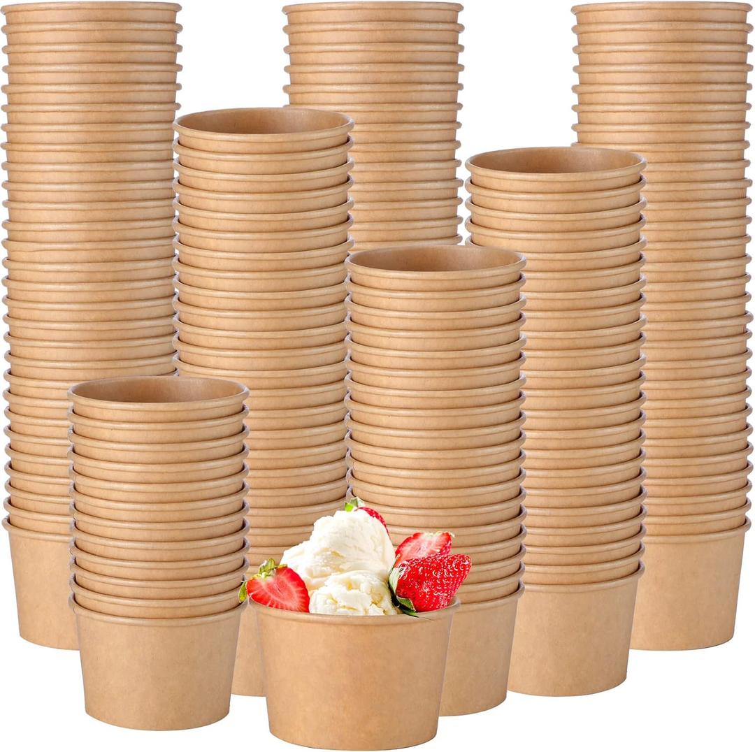 Honeydak 100 Pieces Ice Cream Soup Cups Paper 5 oz Disposable Sundae Bowls Kraft Paper Hot Cold Snack Yogurt Dessert Small Cups for Ice Cream Baby Shower Party Supplies, Brown Disposable Bowls