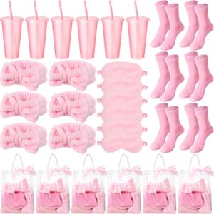 31 Pcs Spa Party Favors Sleepover Party Supplies Pink Bow Spa Headbands Eye Masks Socks Glitter Cups Gift Bag with Ribbon for Women Wedding Bridal Shower Bridesmaid Gifts Graduation Gift