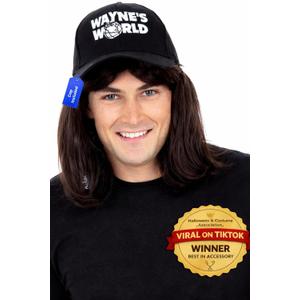 ALLAURA Compatible with Waynes World Wig and Hat Black Mullet Wig with Waynes Cap for Men 80s Rocker Costume, Heavy Metal Look, 1980s Party Outfit, Funny Halloween or Couples Costume Accessory