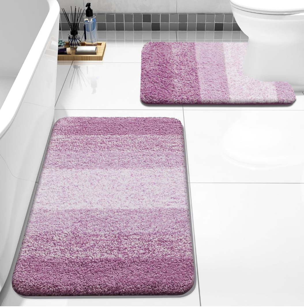 Bathroom Rugs Sets 2 Piece, Soft Absorbent Microfiber Bath Mats and U-Shaped Contour Toilet Rug, Non-Slip Machine Washable Dry Bath Mats for Bathroom, 40x60 and 50x60 cm, Purple