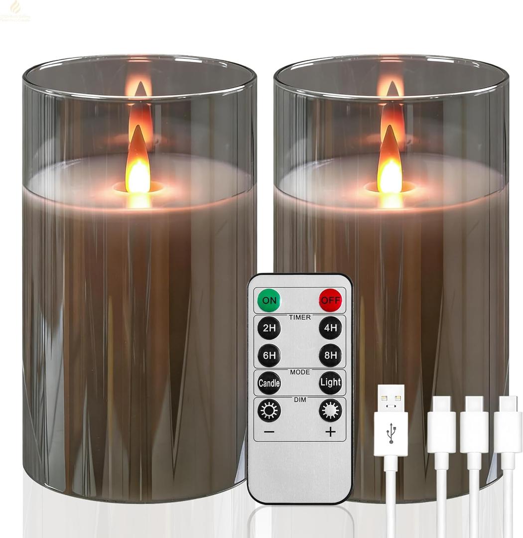 Rechargeable Flameless Candles, Flickering LED Candles, Real Wax Candles with Remote and Timers, Glass Pillar Candles 3D Wick for Wedding Festival Home Decoration, 6" Candle Set of 2,Grey (Gray)