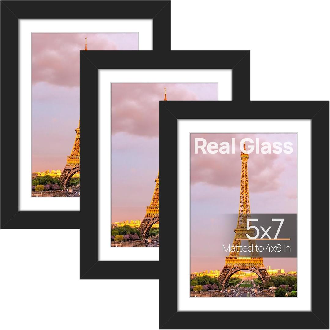 upsimples 5x7 Picture Frame Set of 3, Made of High Definition Glass for 4x6 with Mat or 5x7 Without Mat, Wall and Tabletop Display Photo Frames, Black