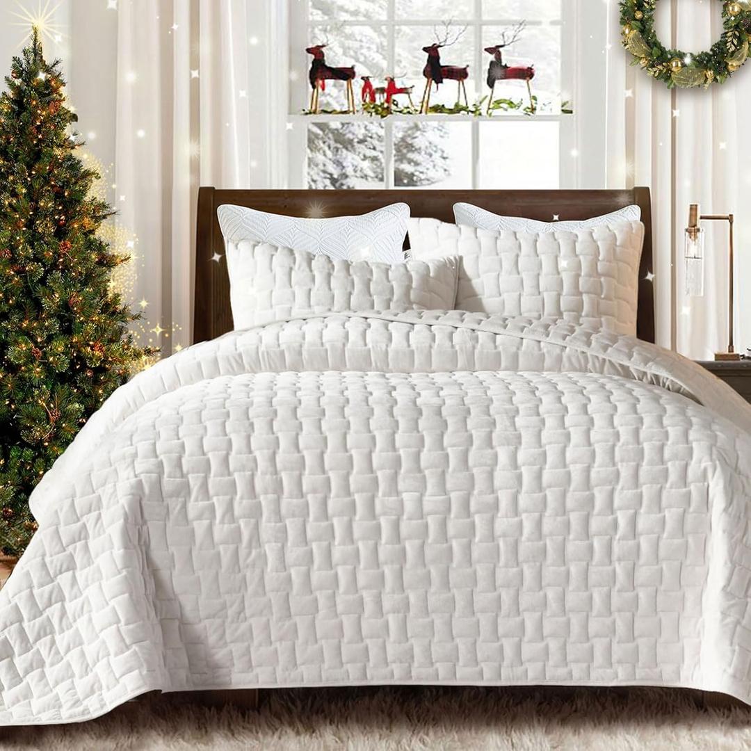 Grassix Velvet Quilt King Size - Luxury Cozy Cream White King Quilt Set, Lightweight Soft Velvet Comforter, Coverlet Bedspreads with 2 Shams for All Seasons