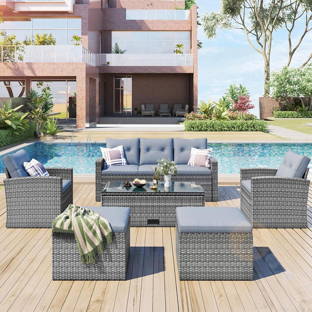 6 Pieces Wicker Patio Conversation Set with Coffee Table and Removable Cushions, PE Rattan Outdoor Sectional Sofa with 3-seater Couch and Two Armchairs & 2 Ottomans for Garden, Backyard, Poolside