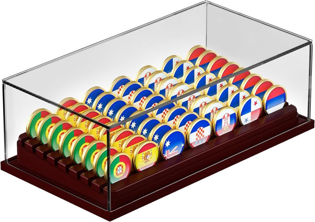 MinBoo Challenge Coin Display Case with Acrylic Cover, 8 Rows Military Challenge Coin Holder Rack, Bamboo Military Coin Display Stand Holds 56 Coins for Collectibles