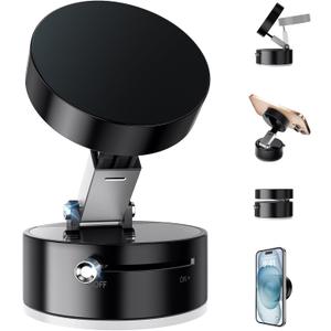 Vacuum Suction Magnetic Phone Holder, Adjustable Vacuum Magnetic Car Phone Holder Foldable Vacuum Magnetic Cell Phone Holder Stand Suction Phone mount for iPhone 16/15/14/13/12/Gym/Shower/Car/Mirror (Black)