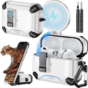 Inesore for AirPods Pro 3 Case (2025) with Phone Stand & Cleaning Kit, Compatible with Magsafe, Magnetic Automatic Lock Cover for AirPods Pro 3rd Generation, White