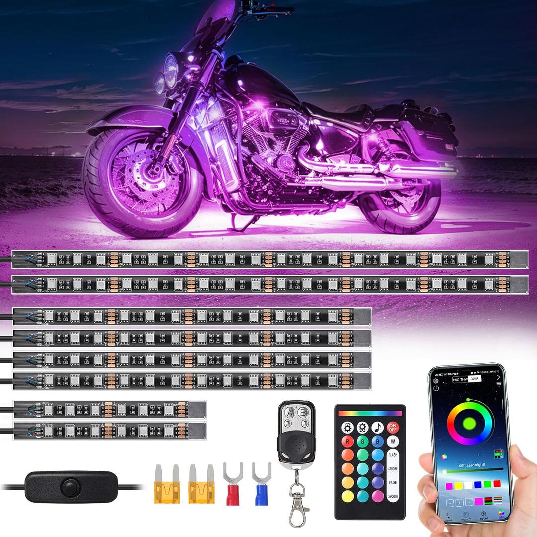 8Pcs RGB Motorcycle LED Lights Kit, Waterproof Multicolor Motorcycle Underglow Kit with APP Remote, Music Sync, Brake Signal for Harley Davidson Kawasaki Suzuki Yamaha Golf Cart 12V Neon Strip Lights