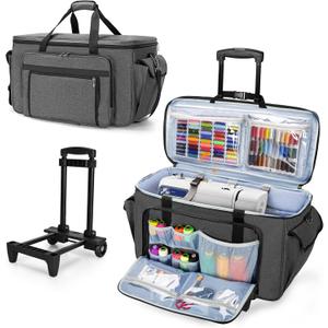 CURMIO Sewing and Embroidery Machine Carrying Case with Wheels, Rolling Embroidery Machine Tote Bag with Bottom Support Board Compatible with Brother SE600, PE535 Embroidery Machine, Gray