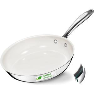 9.5 Inch Nonstick Ceramic Frying Pan, Tri-Ply Stainless Steel Skillet with Stay-Cool Handle, PFAS/PFOA/PTFE Free, No Seasoning Required, High Heat & Induction Safe, Dishwasher/Oven Safe
