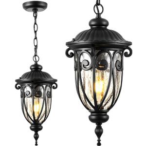 VIANIS Black Outdoor Pendant Light Lantern, Modern Chandelier, Handcrafted Hanging Lights with Seed Glass, Outdoor Ceiling Lights for Porch, House, Doorway, Garden, Entryway (Medium Size)