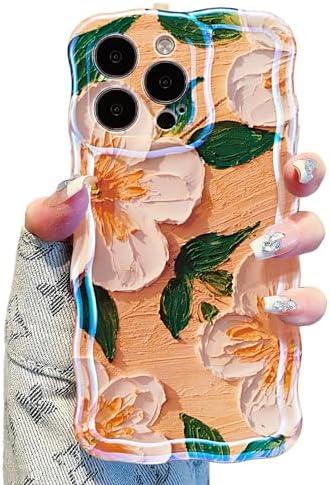 UEEBAI Case for iPhone 13 Pro, Colorful Retro Oil Painting Flower Case Pretty Glossy Pattern Wave Cover Cute Sparkly Floral Curly Cover Stylish Shell for Women Girl, Yellow Flower