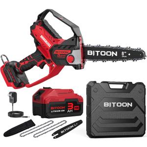 BITOON 8-Inch Mini Chainsaw with 2PCS 3.0Ah Battery and Charger, Auto-Oiler, Brushless Cordless 8-Inch and 6-Inch 2-in-1 Pruning Chain Saw, Portable Electric Chainsaw for Cutting Wood, Red