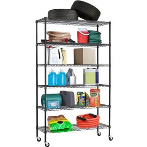 6 Tier Adjustable Metal Shelf Wire Shelving Unit Storage with Wheels 2100LBS Capacity 18" D x 48" W x 82" H for Restaurant Garage Pantry Kitchen Garage Rack,Black