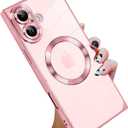 KANGHAR Phone Case Designed for iPhone 16 Magnetic Clear with Camera Lens Protector[Compatible with MagSafe] Luxury Cute Plating Design Full-Body Shockproof Protection Cover Pink