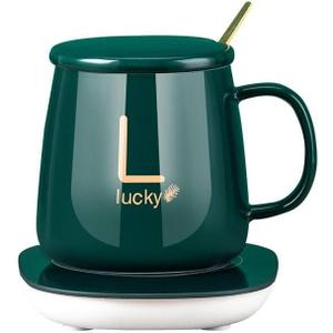 Lucky Smart Mug - Self Heating Coffee Mug with Charging Coaster 131°F/55°C, Royal Green 14 oz. with Lid and Spoon - Electric Beverage Warmer for Coffee, Milk, Tea, Hot Chocolate, Home & Office Use