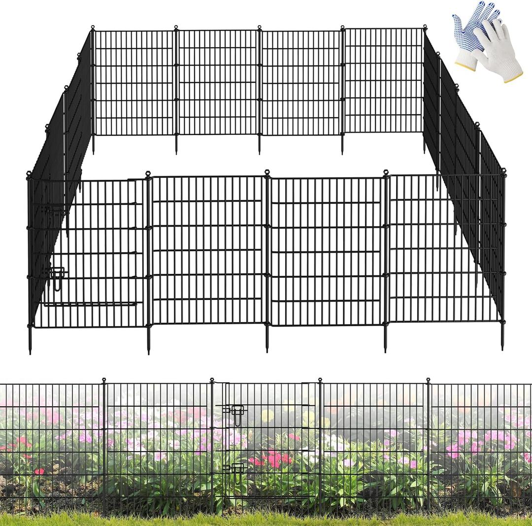 16 Panels Garden Fence,Rustproof Metal Fence Panels - 32in (H)37.8ft (L) Garden Fencing Animal Barrier with Gate,Dog Fence Outdoor for Yard